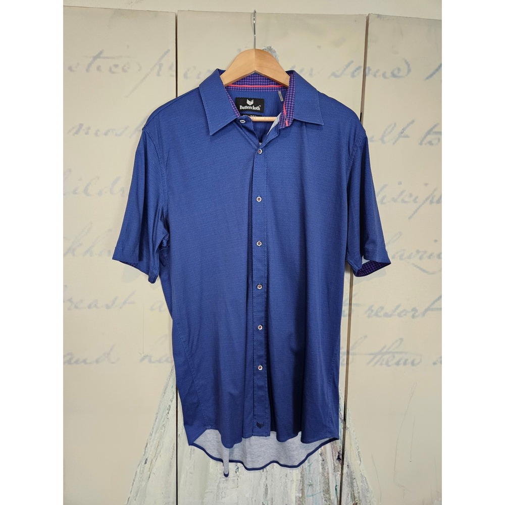 Buttercloth Button Down Shirt‎ XLT Tall Blue Short Sleeve Textured Knit Cotton